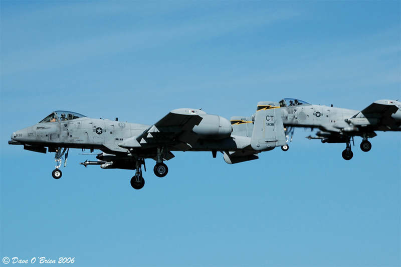 YANKEE11 Flight on short final to RW34
A-10A / 78-0638	
A-10A / 78-0643
103rd FW / Bradley ANGB

5/22/06
Keywords: Military Aviation, KPSM, Pease, Portsmouth Airport, A-10A Warthog, 103rd FW