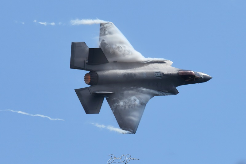 MACH skirting around the back of show center
17-5239 / F-35A	
421st FS / Hill AFB, UT
5/9/25
Keywords: Military Aviation, KPSM, Pease, Portsmouth Air Show 2025, F-35A Demo, 421st FS