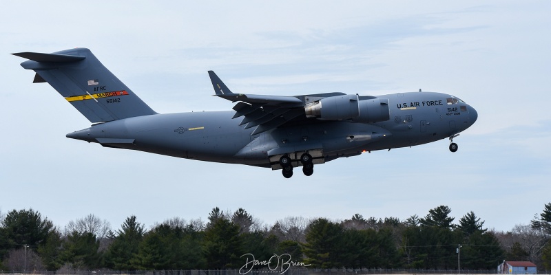 REACH4162
C-17A / 05-5142	
729th AS / March AFB
4/7/23 
Keywords: Military Aviation, KPSM, Pease, Portsmouth Airport, C-17, 729th AS