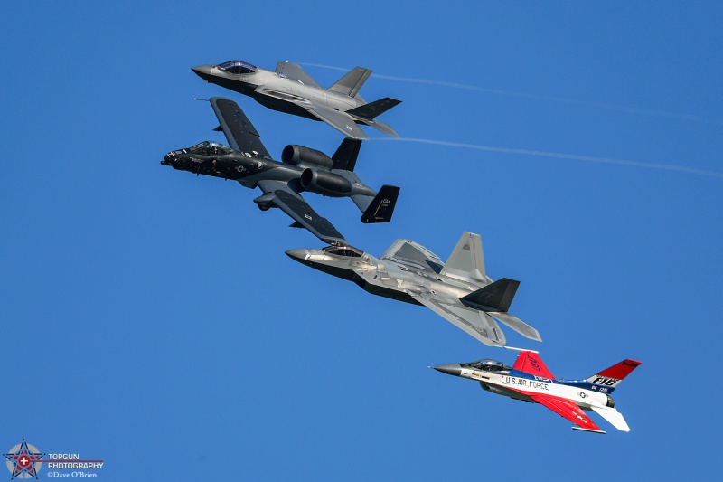 Heritage 4 Ship 
80-0244 / A-10C "Black Mamba
355th WG / Davis–Monthan AFB, AZ

91-0395 / F-16C 50th Anniversary Jet
55th FS / Shaw AFB, SC

01-4018 / F-22A	
1st FW / JB Langley–Eustis, VA

20-5585 / F-35A	
421st FS / Hill AFB, UT

7/24/24
Keywords: Military Aviation, KOSH, Oshkosh, Wittman Regional Airport, A-10 Demo, F-16 Demo, F-22 Demo, F-35 Demo, USAF Heritage Flight, EEA Airventure