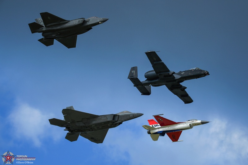 Heritage 4 Ship 
80-0244 / A-10C "Black Mamba
355th WG / Davis–Monthan AFB, AZ

91-0395 / F-16C 50th Anniversary Jet
55th FS / Shaw AFB, SC

01-4018 / F-22A	
1st FW / JB Langley–Eustis, VA

20-5585 / F-35A	
421st FS / Hill AFB, UT

7/24/24
Keywords: Military Aviation, KOSH, Oshkosh, Wittman Regional Airport, A-10 Demo, F-16 Demo, F-22 Demo, F-35 Demo, USAF Heritage Flight, EEA Airventure