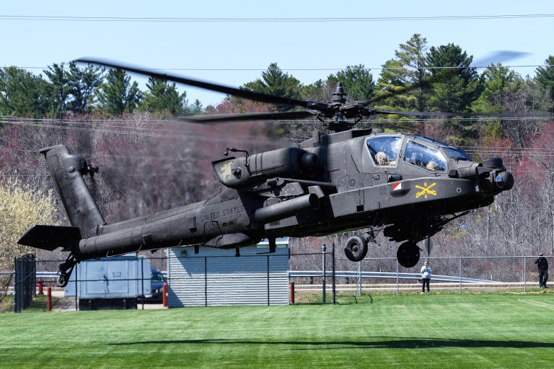 Army Apache arriving and departing Spaulding HS for JRROTC 
AH-64D / 10-05624	
1-14rh AVN / Ft Drum
4/20/23 
Keywords: Military Aviation, US Army Aviation, AH-64D Apache, Spaulding HS ROTC