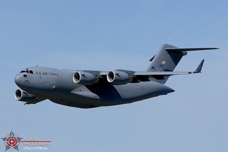 MS C-17
C-17A / 03-3116	
183rd ARS / Mississippi ANG

Static C-17 from the Miss ANG departing Monday after air show
8/18/07
Keywords: Military Aviation, KPSM, Pease, Portsmouth Airport, C-17, 183rd ARS