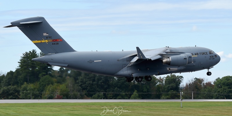 REACH802 landing RW34
C-17A / 04-4138	
729th AS / March AFB
9/25/21
Keywords: Military Aviation, PSM, Pease, Portsmouth Airport, C-17 Globemaster, 729th AS