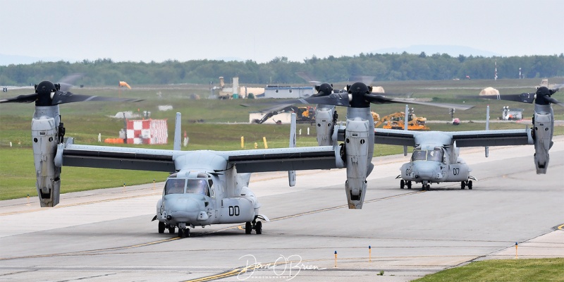 ELVIS Flight taxing to RW34
MV-22B	
VMM-261 / MCAS New River
5/22/21
Keywords: Military Aviation, PSM, Pease, Portsmouth Airport, Jets, US Marines, MV-22B, Osprey