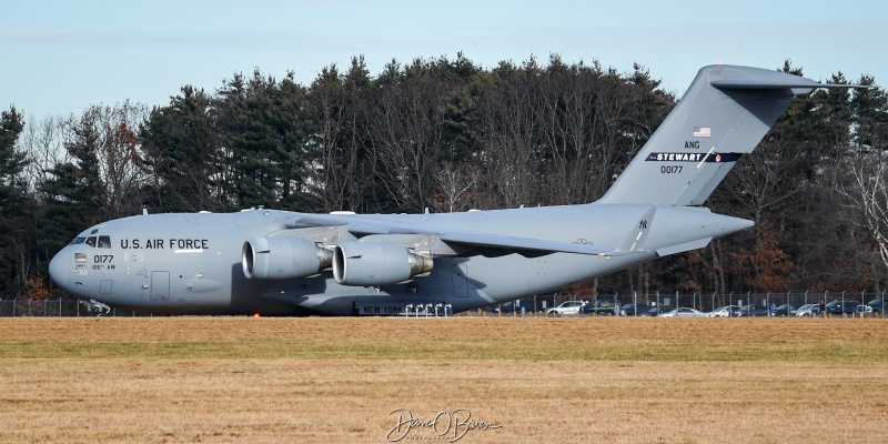 GOTHAM08 holding short for a pilot swap
00-0177 / C-17A	
137th AS / Stewart ANGB
12/7/23
Keywords: Military Aviation, KPSM, Pease, Portsmouth Airport, C-17, 137th AS