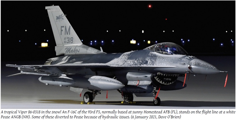Frozen Shark - page 78 Scramble Feb 2021 
A F-16 from the Fla ANG of the 93rd FS sits on a snow covered ramp.
