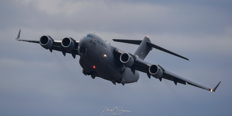 REACH839 avoiding a flock of birds lifting off RW16
06-6162 / C-17A	
21st AS / Travis AFB, CA
5/8/25
Keywords: Military Aviation, KPSM, Pease, Portsmouth Airport, C-17, 21st AS