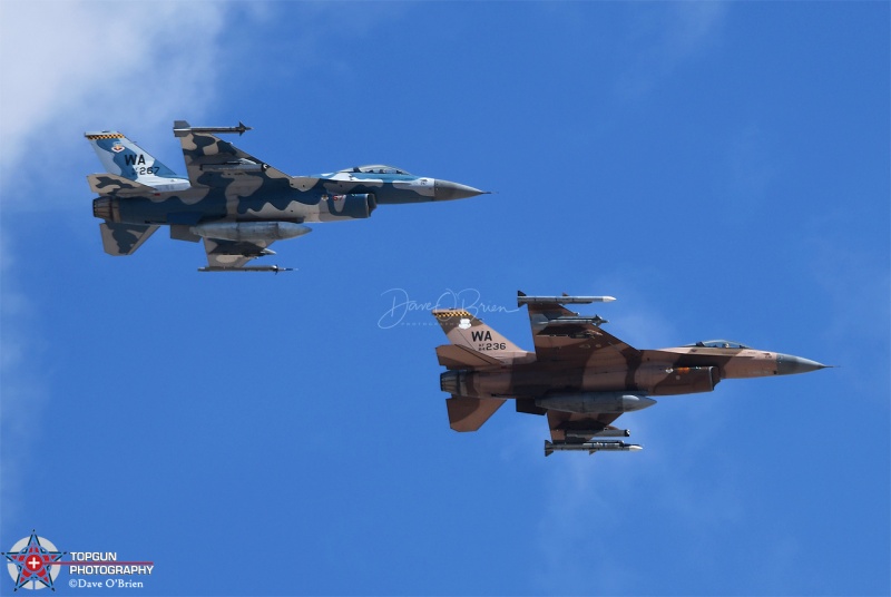F-16 Aggressors overhead
87-0267 & 84-0236
2 F-16 Aggressor from 64th AGRS, one wearing a Blizzard scheme and the other is Desert Flanker
